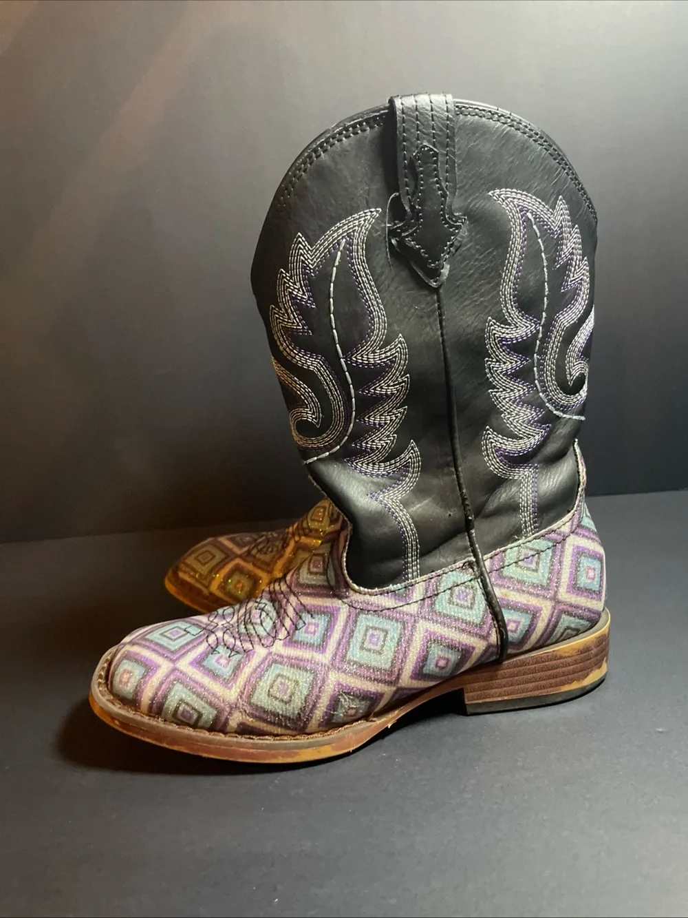 Roper Kids Glitter Diamonds Cowgirl Western Boots Purple Blue White Sz 2